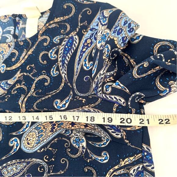 H&M Wms Blue Tan Paisley Shift Dress Size 10 Tie Knot Sleeve Knee Length Fall - Picture 8 of 9